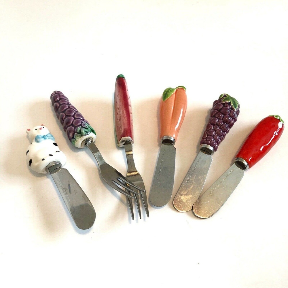 Cheese Spreader Knives Forks Lot of 6 Fruit Cat Dips Appetizers Grapes Peach
